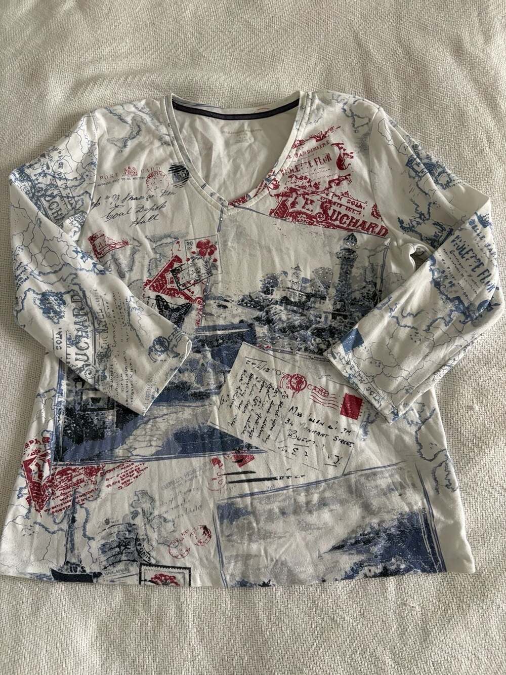 Allison Daley Petite V-Neck 3/4  Long Sleeve Postcard Print Embellished Top